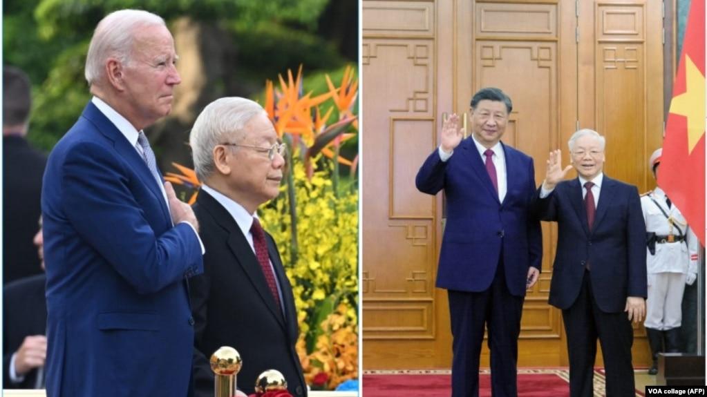 Tổng bí thư Việt Nam Nguyễn Phú Trọng tiếp đón Tổng thống Mỹ Joe Biden (ảnh trái) và Chủ tịch Trung Quốc Tập Cận Bình (ảnh phải) trong năm nay khi cả Washington và Bắc Kinh đểu muốn tăng cường quan hệ với Hà Nội.