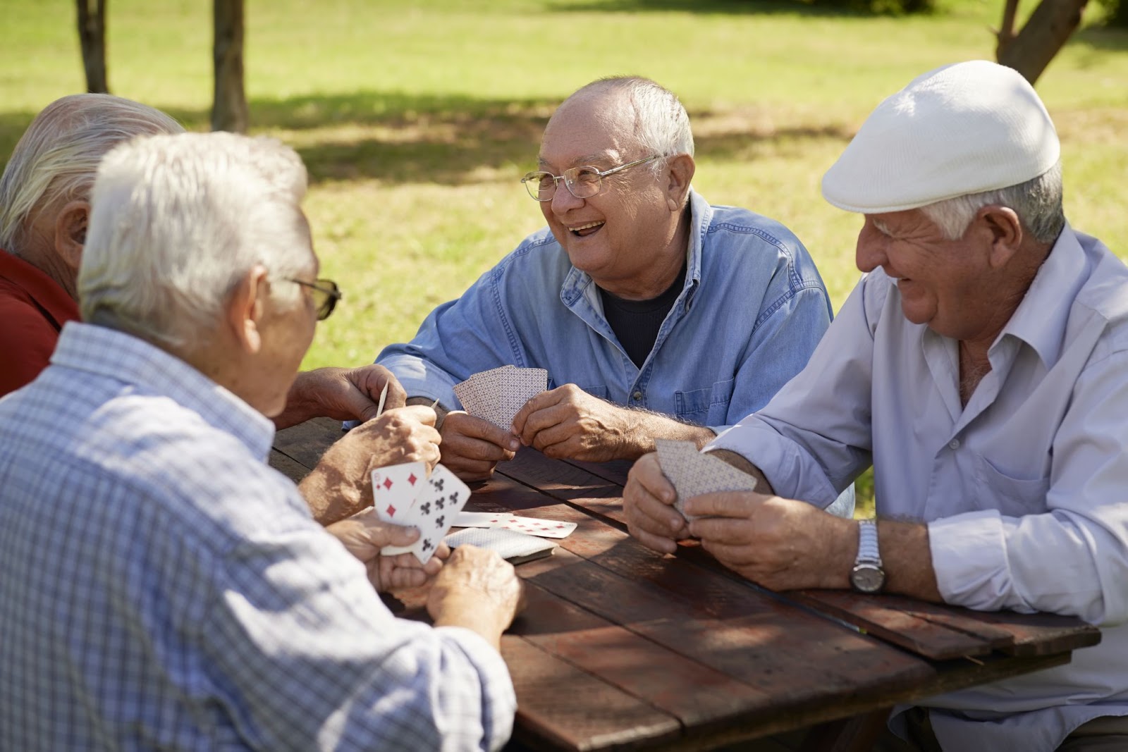 Group of four elderly men having fun and playing cards game at the park.