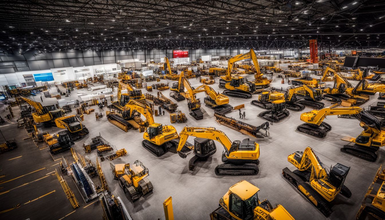 Massive construction equipment on display in a bustling expo center.