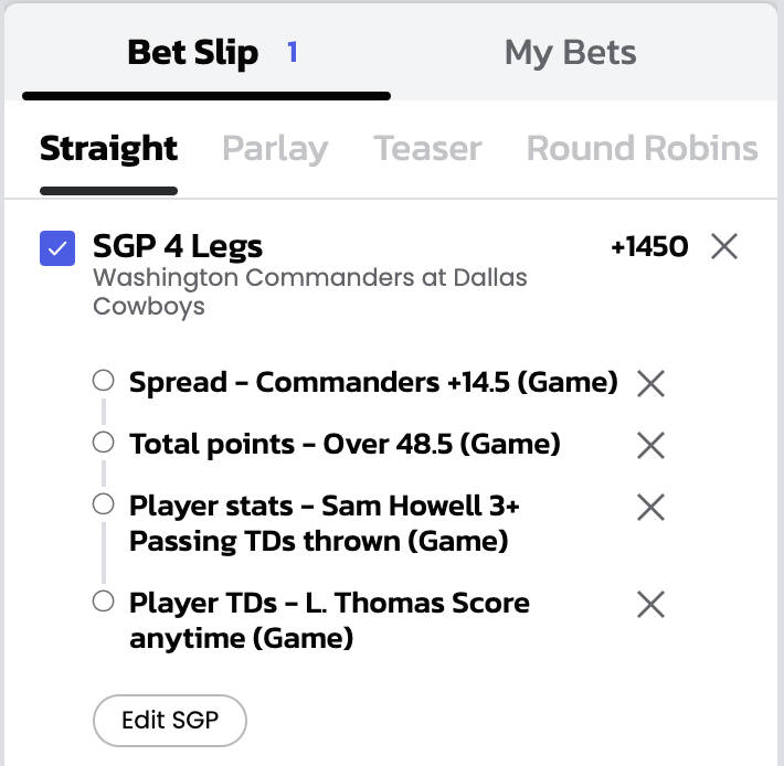 Cowboys / Commanders Bet Slip