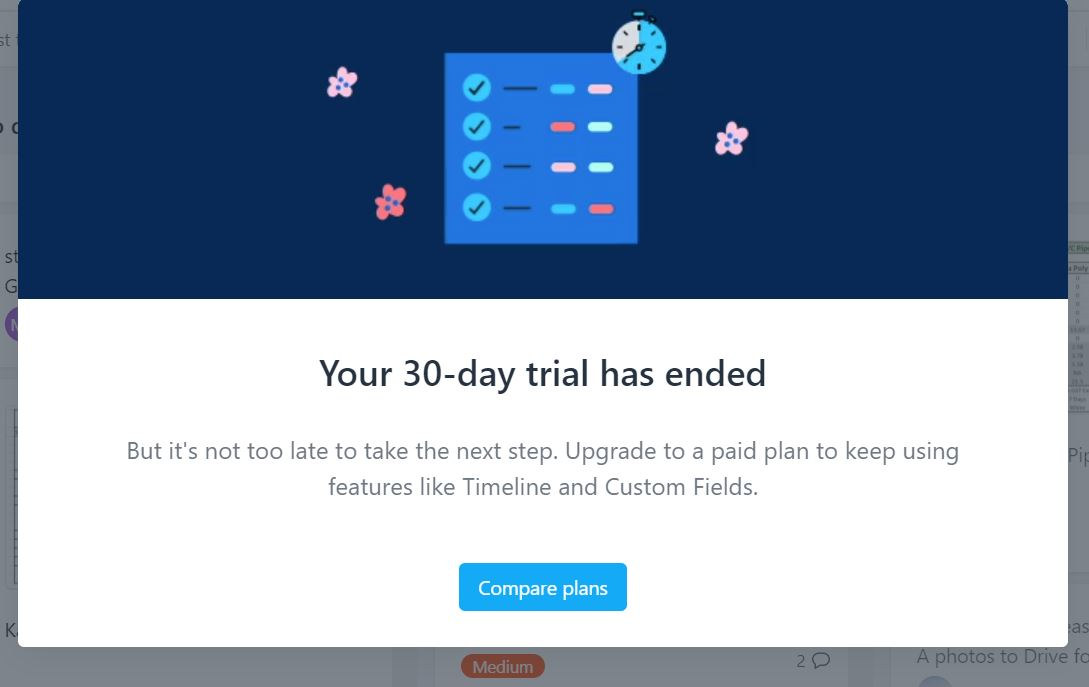 The pop-up from Asana that showcases the trial has ended.

