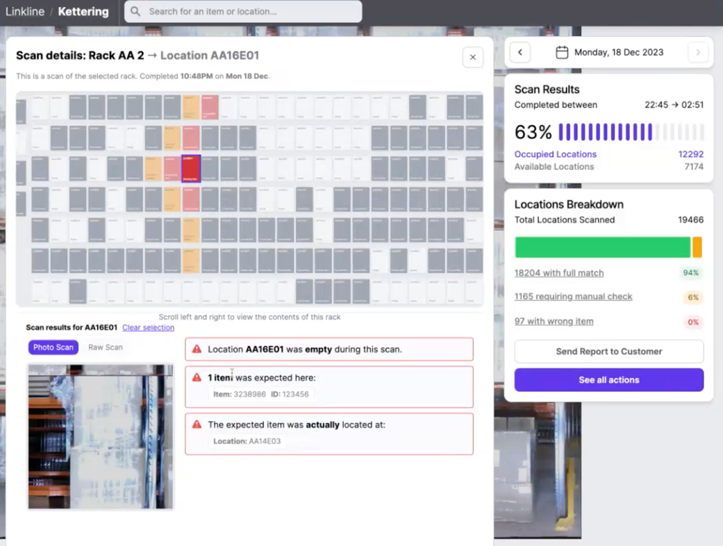 Screenshot of DexoryView showing a 2D view of the warehouse with one location selected and the corresponding analytics displayed