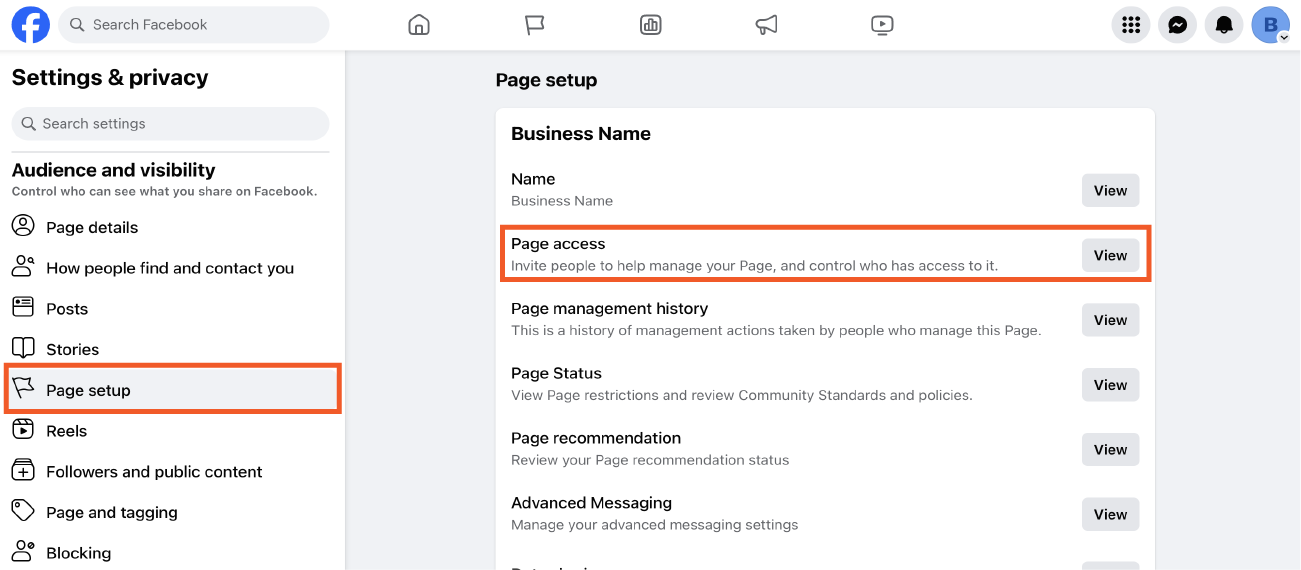 Instructions on how to grant "Page access" on Facebook business page