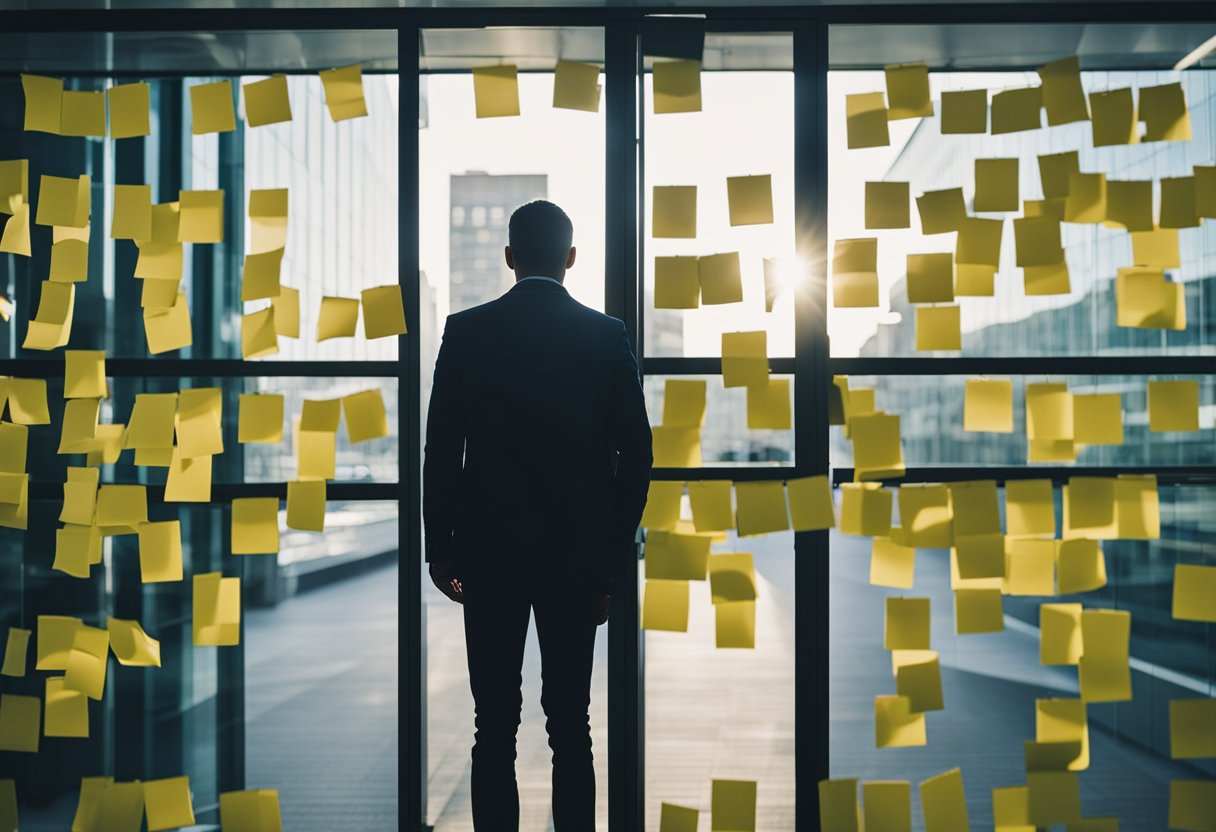 A person standing outside an office building, taking a deep breath before entering. The sun is shining, and there are supportive messages written on sticky notes on the door: Mental Health Leave