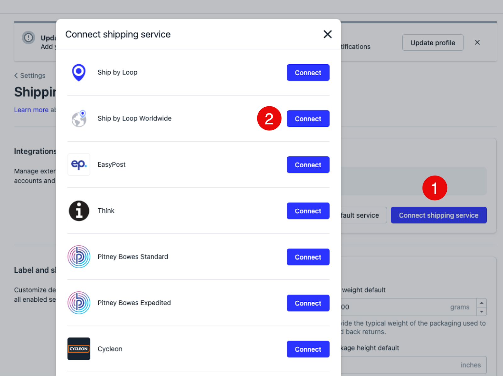 Shipping page in Loop admin with a Connect Shipping Service button, as well as a list of shipping services. These services including Ship by Loop Worldwide, which has a Connect button next to it.