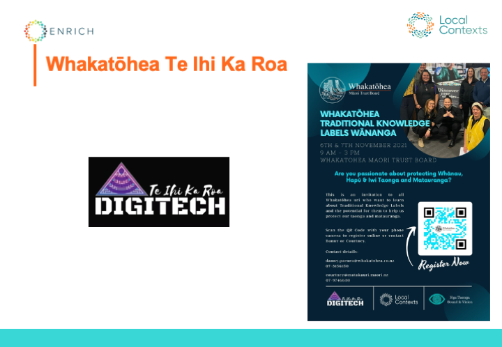Digitech logo, a purple triangle with three curved lines with “Te Ihi Ka Roa. Digitech.” Flier for “Whakatōhea Traditional Knowledge Labels Wānanga.” Text on a dark blue background, QR code, and a photo of six people smiling.