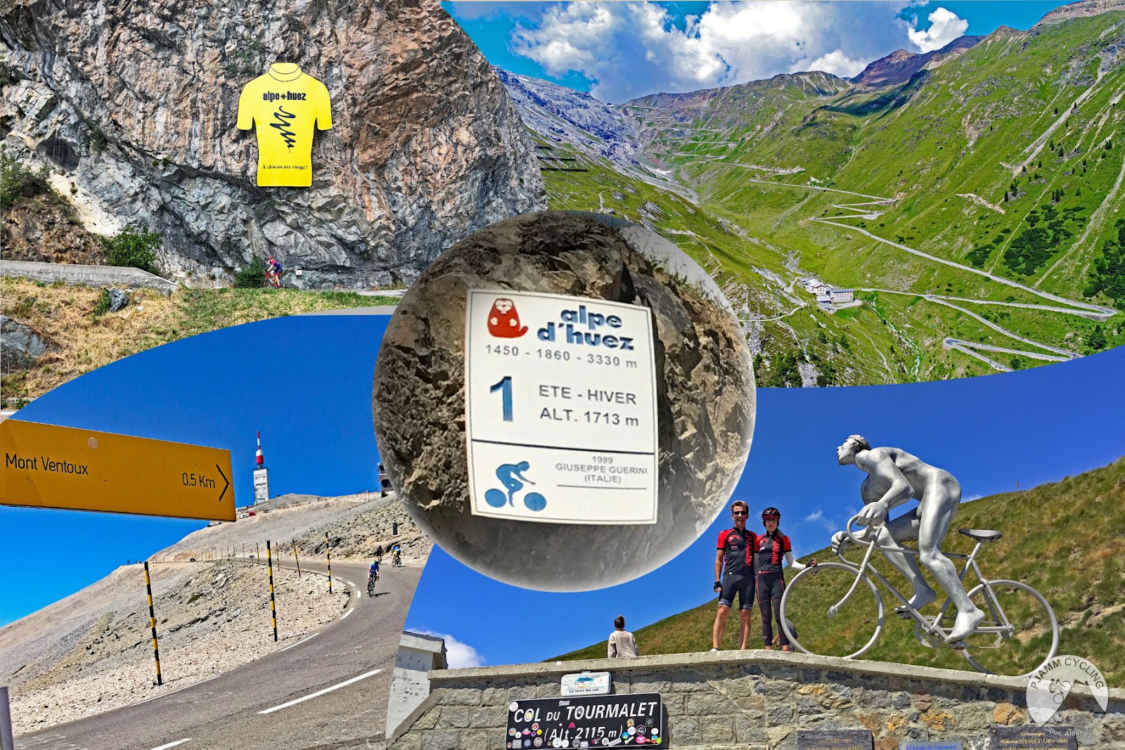 photo collage shows views of the Alpe d'Huez, Col du Tourmalet, Passo dello Stelvio, and Mont Ventoux climbs