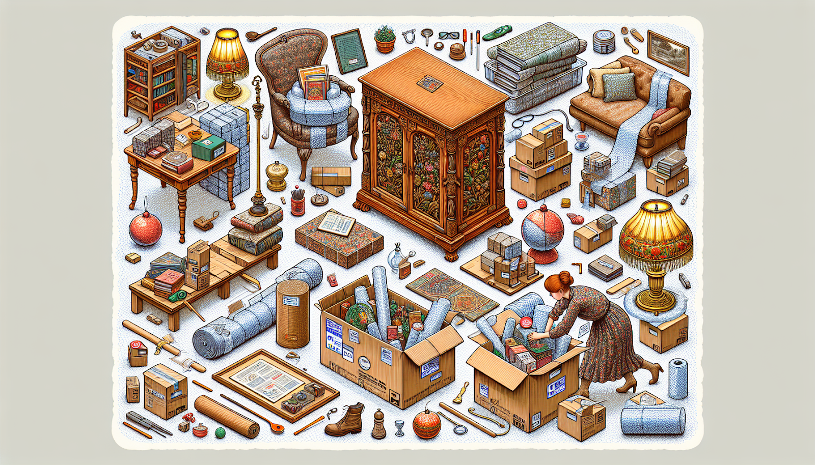 Illustration of items being organized and packed for storage