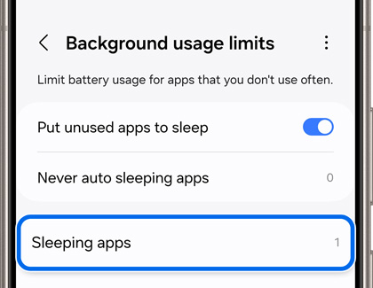 Sleeping apps highlighted in Background usage limits screen