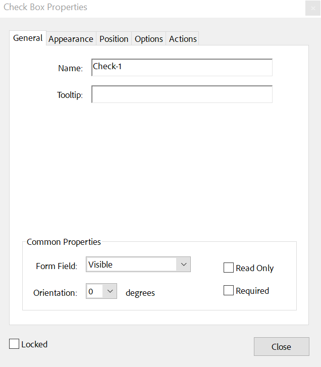 Check Box Properties - General