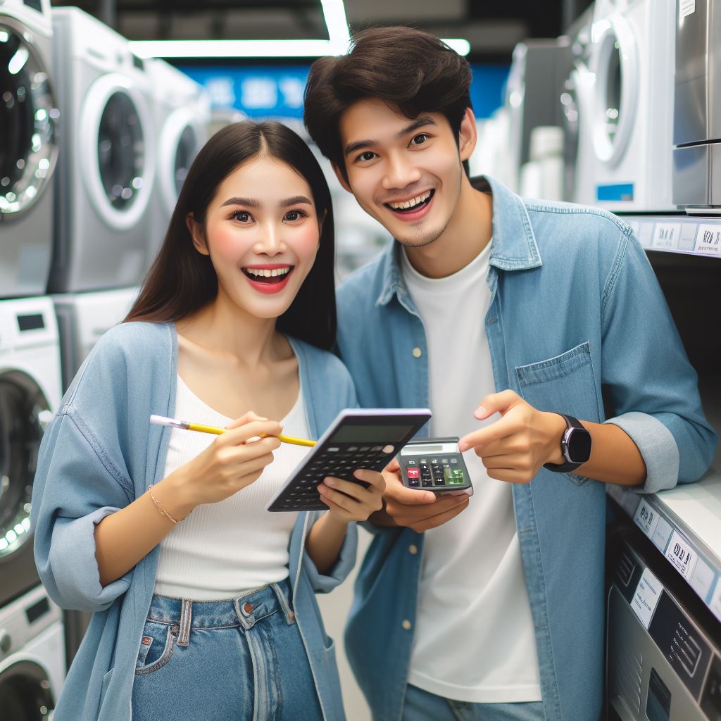 This image shows the young couple buying the appliances 