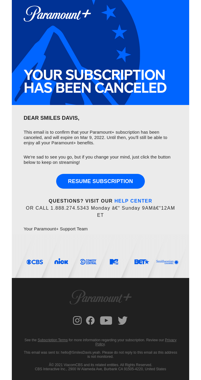 Cancellation email from Paramount+