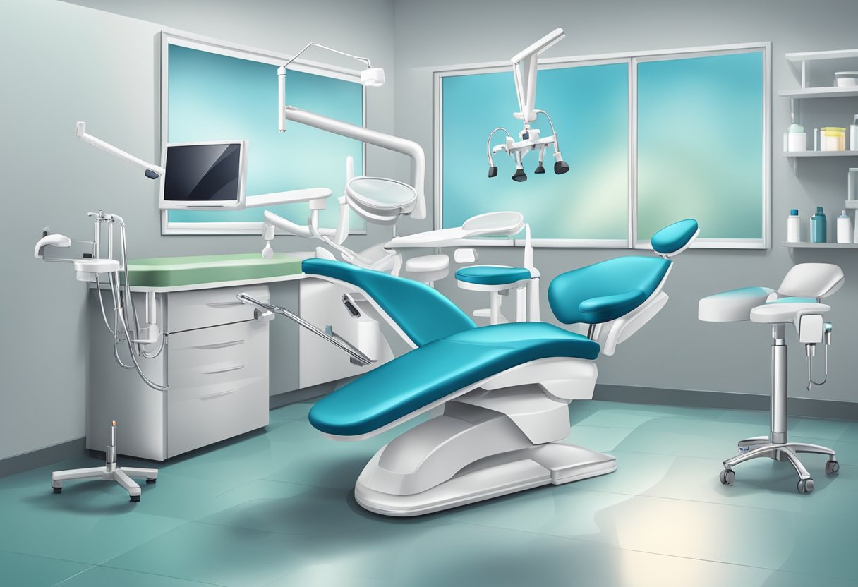 A dental chair with tools and equipment for tooth filling