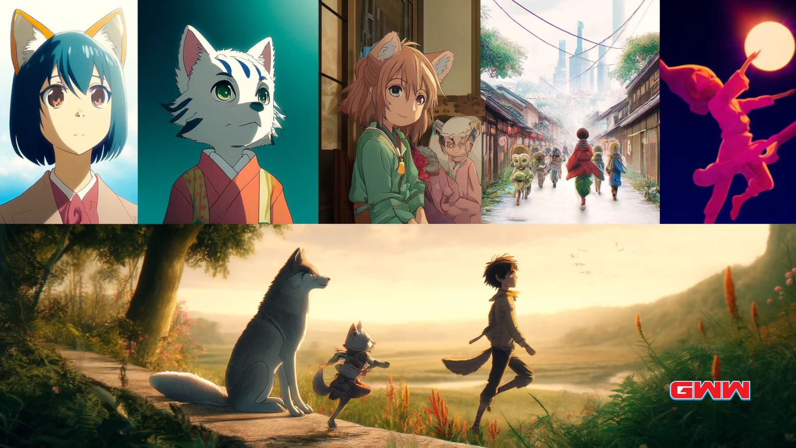 Personajes de anime furry antropomórficos en paisajes urbanos y naturales