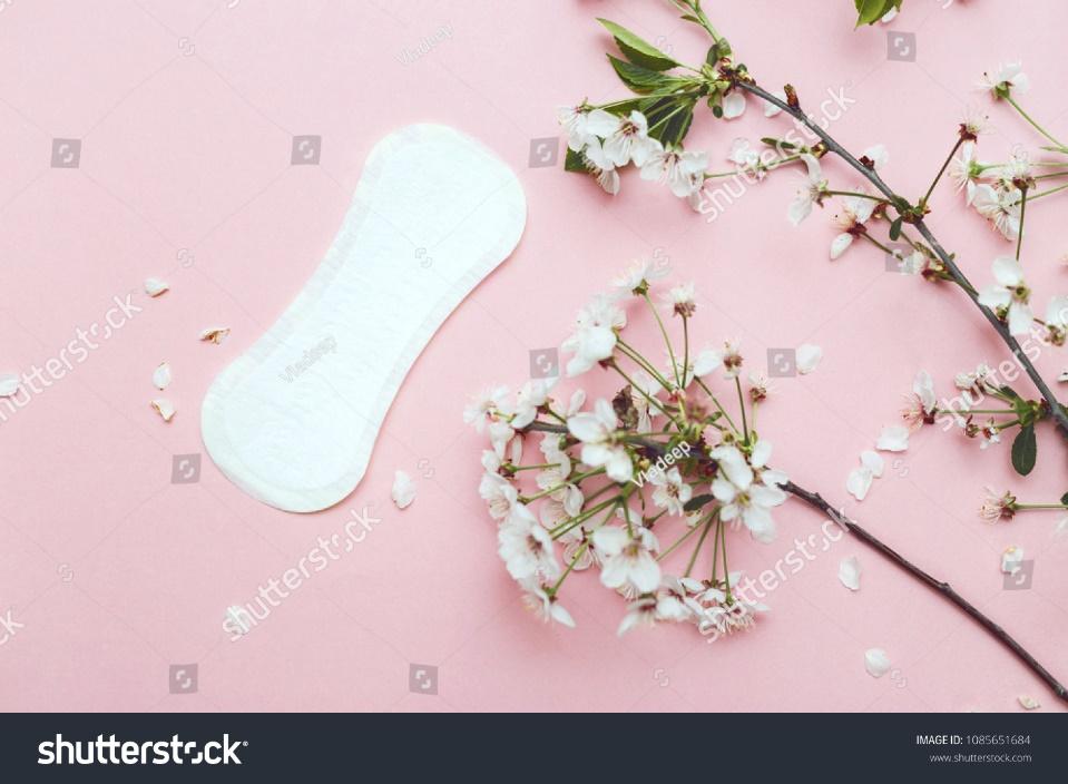 The sanitary napkin lying with blossom on pink background
