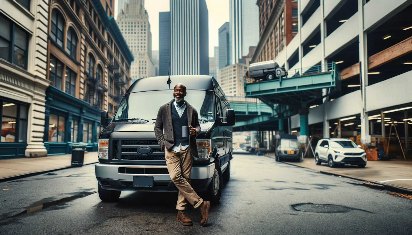 Man standing by his van parked in the city. 
