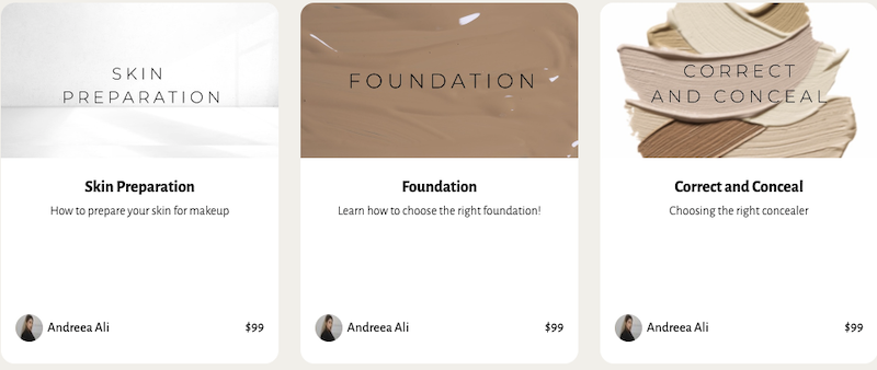  A screenshot of the courses Andreea Ali sells