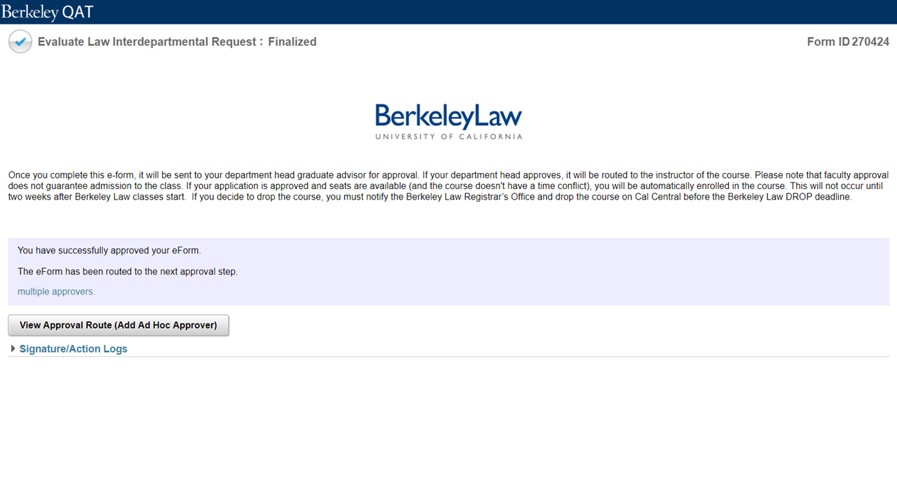 View of "Evaluate Law Interdepartmental Request: Finalized" confirmation page.