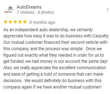 A screenshot of a positive review endorsing the ease with which Carputty made operating.