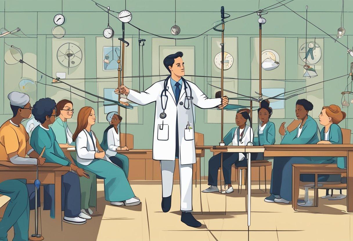 A doctor juggles medical tools while balancing on a tightrope, with patients and lawsuits waiting below
