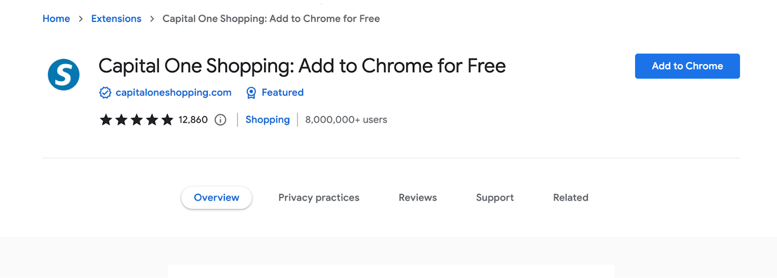 Screenshot of how to install Capital One Shopping Chrome extension