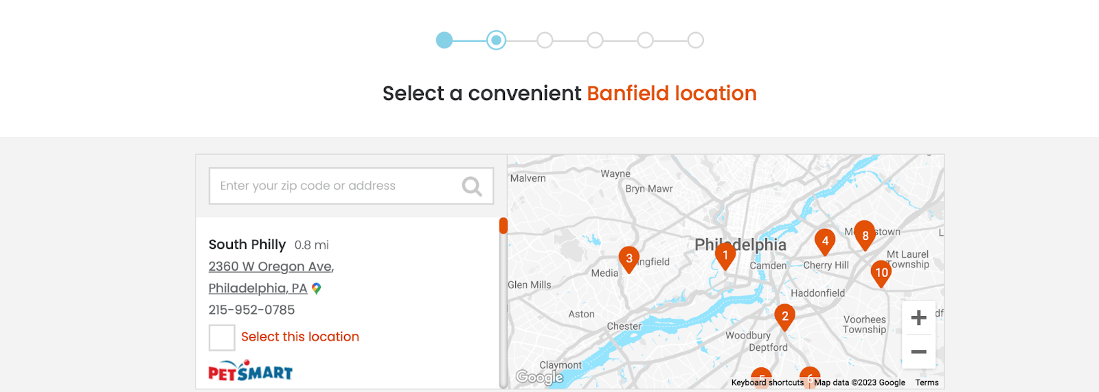 Screenshot of Banfield Hospital location finder feature