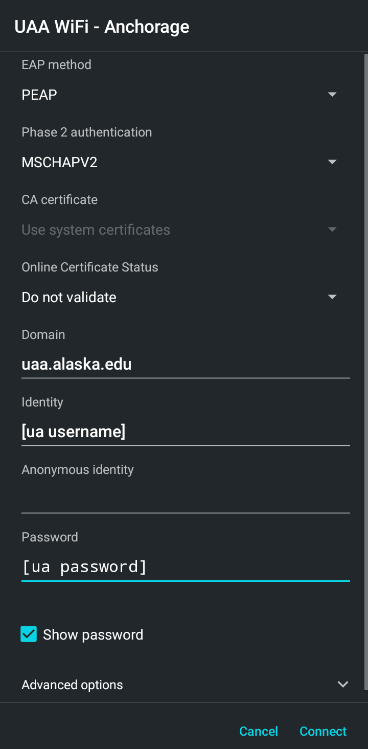 Required settings to connect to the WiFi