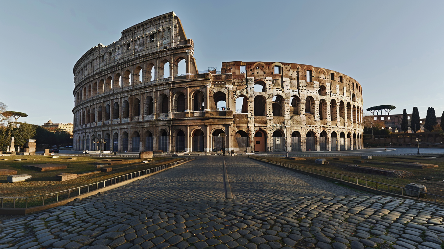 The Colosseum, one of the most iconic landmarks in Rome, standing in the early morning light