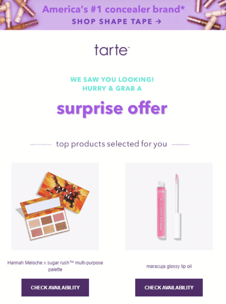Tarte Cosmetics email with a surprise offer for an eyeshadow palette and a lip oil