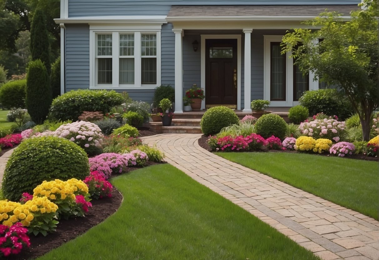 A well-maintained front yard with colorful flowers, trimmed bushes, and a neatly manicured lawn. A welcoming pathway leads to the front door, with clean and symmetrical landscaping elements enhancing the home's curb appeal