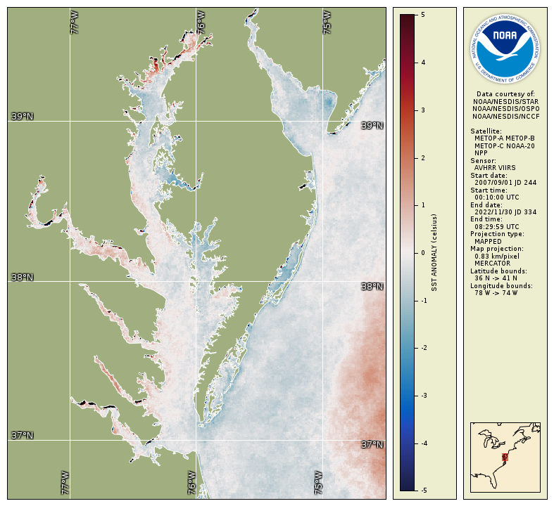 Map of the Chesapeake Bay showing water temperature anomalies