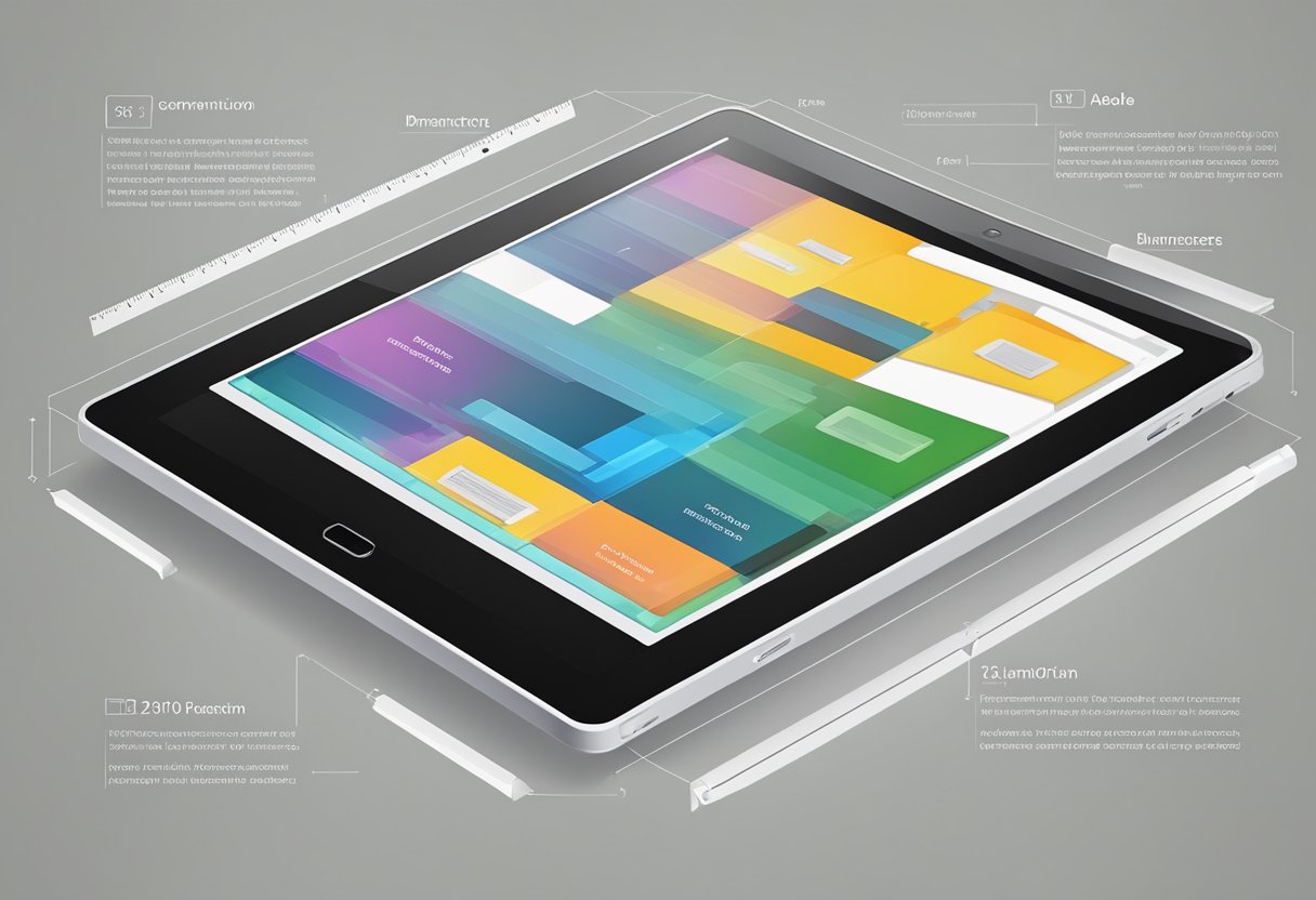 A tablet with dimensions displayed, converting inches to centimeters