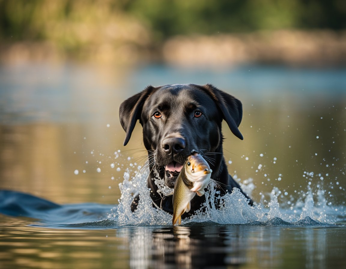 black labrador retriever hunting a fish in the river
