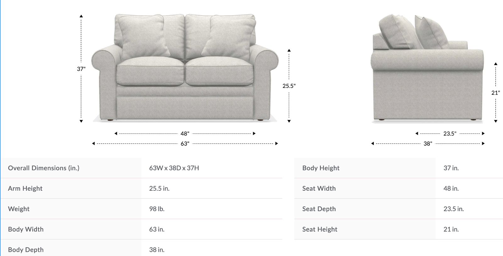 collins loveseat dimensions