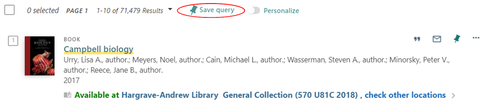 Search results showing a single brief item record and the Save query button circled