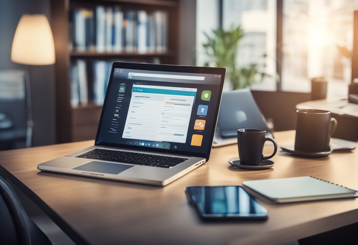 A desk with a laptop, notebook, and pen. A smartphone displaying freelance job listings. A bookshelf filled with resources on freelancing and online work