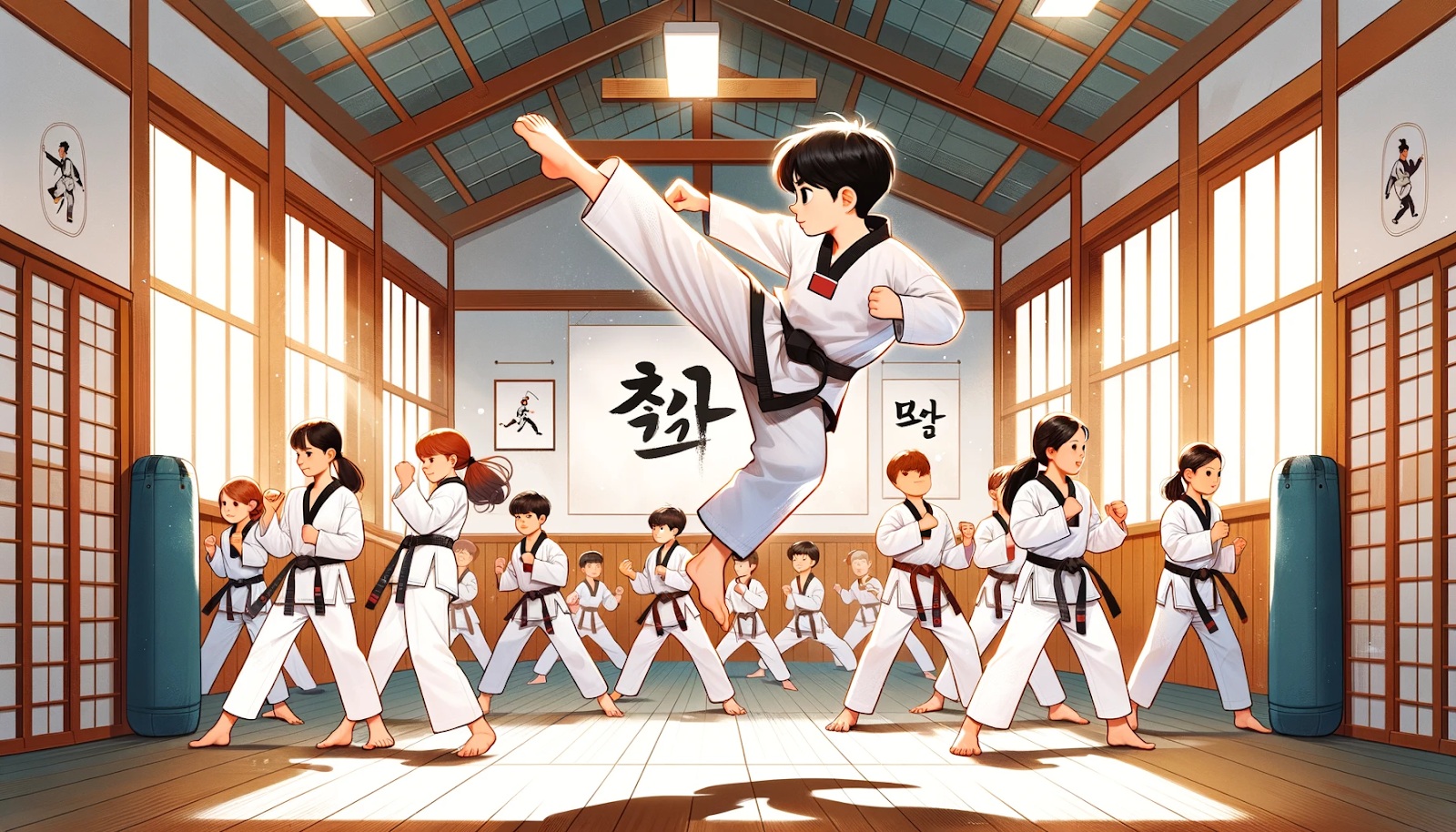 A group of students practicing Taekwondo