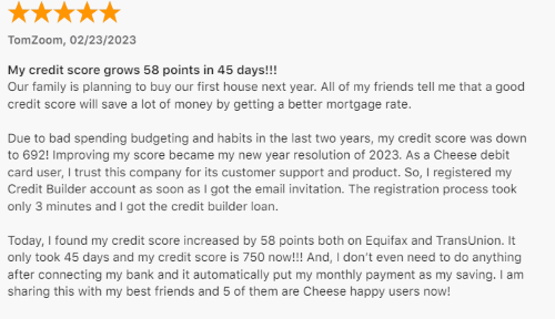 A five-star Cheese credit builder review from a person who boosted their credit score by 58 points with Cheese. 