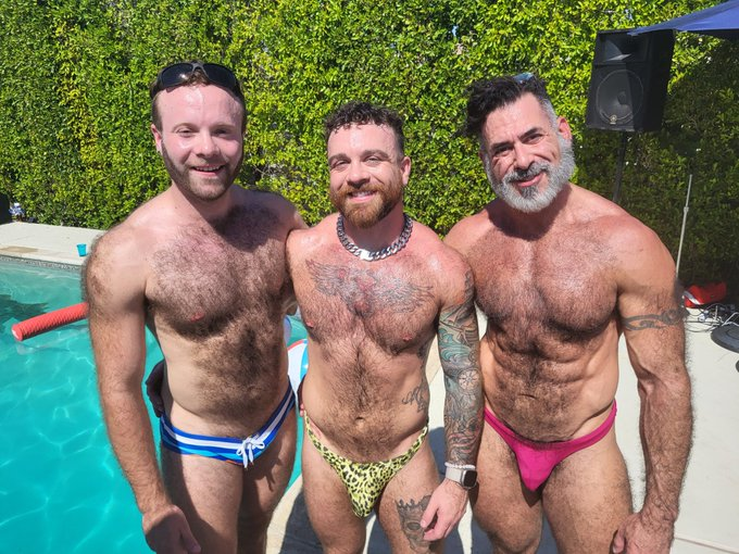 Lawson James Jarren Shan and JarrodJames hanging out in tiny little gay speedos at the palm springs pool for gay pool party