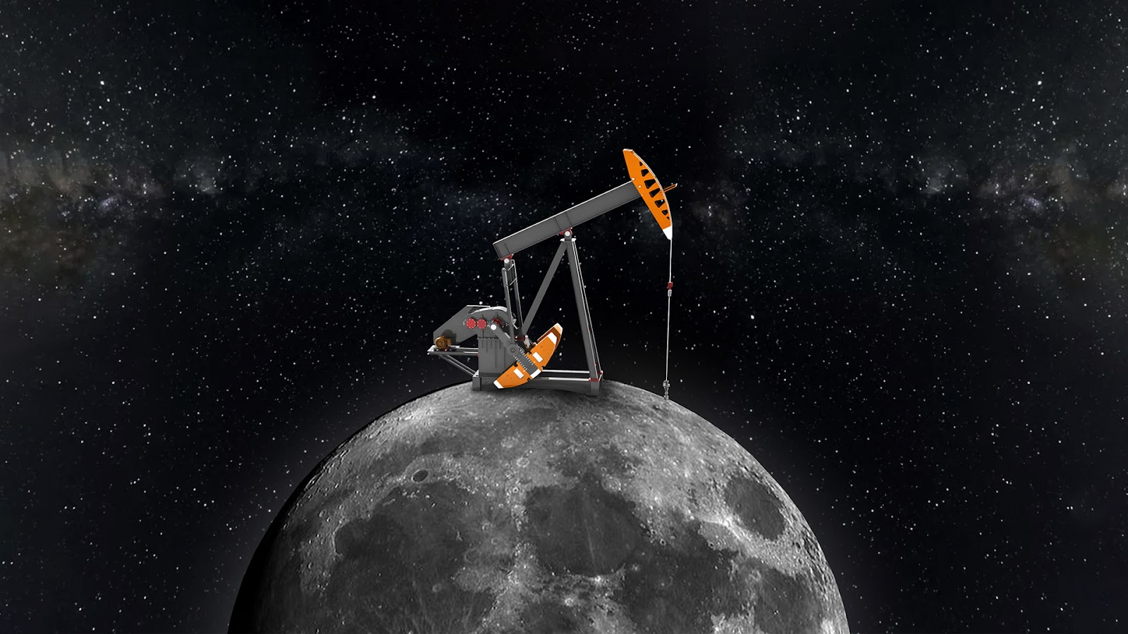 Illustration of an excavator sitting on top of the moon in space