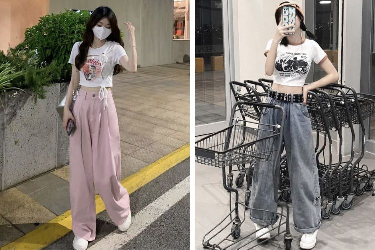 Quần jean ống rộng kết hợp với áo croptop dễ thương