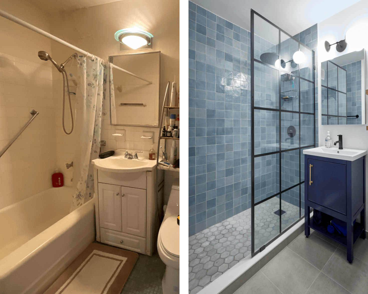 Before and after a tub to shower conversion. The tub was replaced by a walk-in shower with a framed glass wall enclosure, matte black fixtures, and blue zellige glazed ceramic wall tiles.