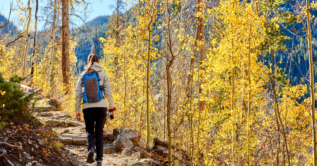 Hiker on popular hiking trail enjoying the fall colors in Aspen Snowmass area