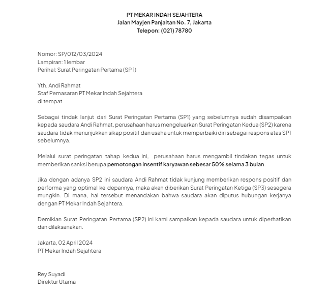 Contoh Surat Peringatan Karyawan SP2