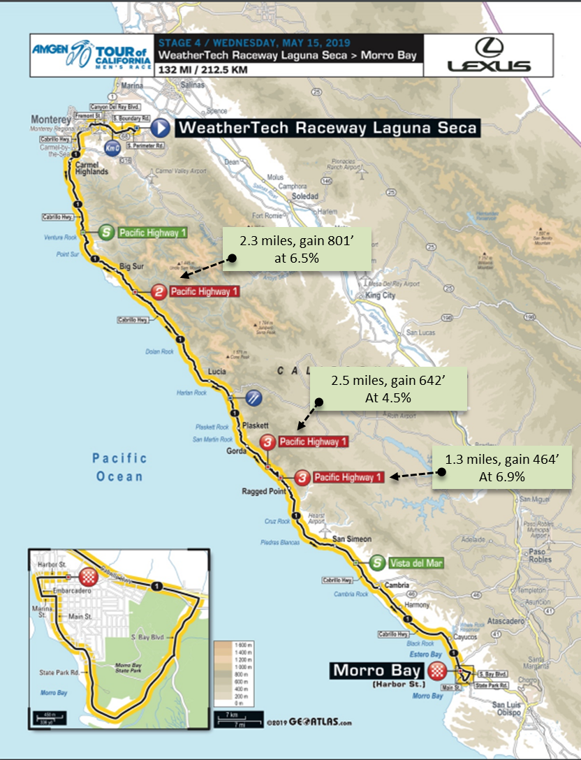 Amgen Tour of California - Map with bike climb details for May 15, 2019 Stage 4