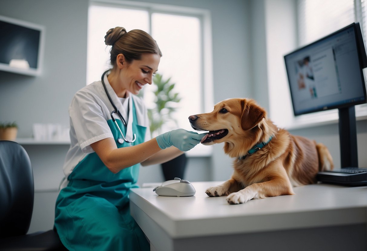 A happy dog receiving a wellness check-up at a modern veterinary clinic with advanced pet care equipment and a caring veterinarian
