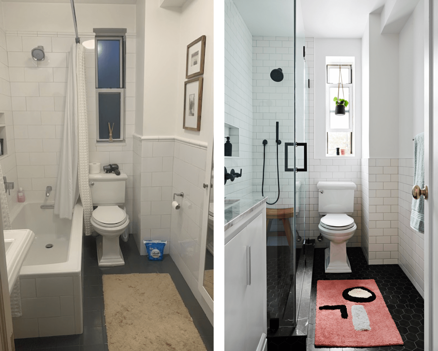 Before and after a tub to shower conversion in a small bathroom. The new classic walk-in shower features a glass door and enclosure, matte black fixtures, a wooden shower bench, white subway tile, and black tile flooring.