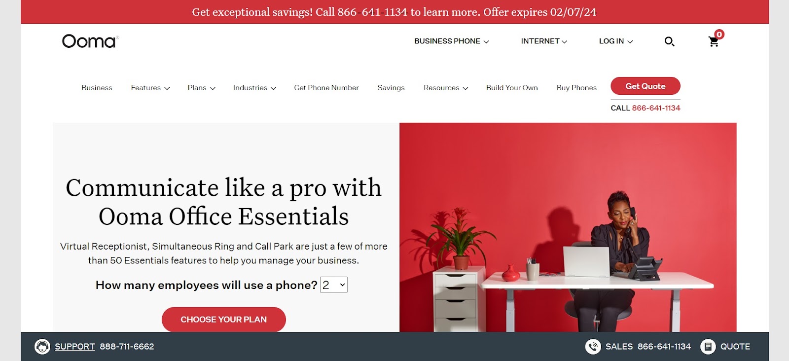 A screenshot of Ooma's website