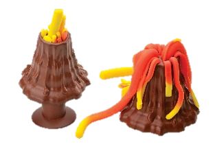 Chocolate volcano shaped objects with orange and yellow tubes

Description automatically generated