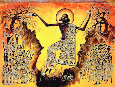 André Kamba Luesa (Congolese, 1944–1995), La résurrection (The Resurrection), 1992. Peinture grattée on canvas, 45 × 58 cm. © missio Aachen.